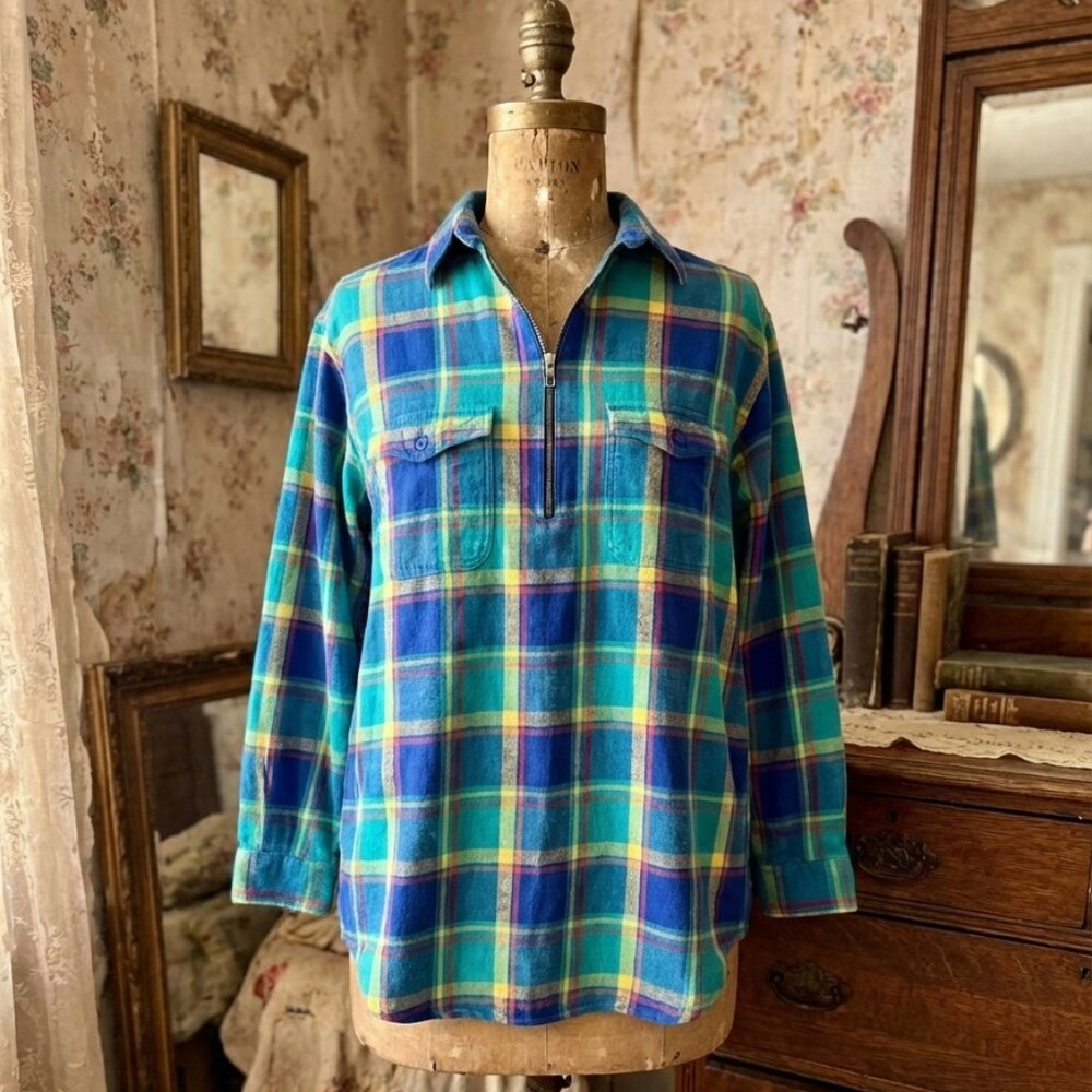 3/$20 vintage Cotton Ginny women's pullover green blue plaid flannel shirt, sz S